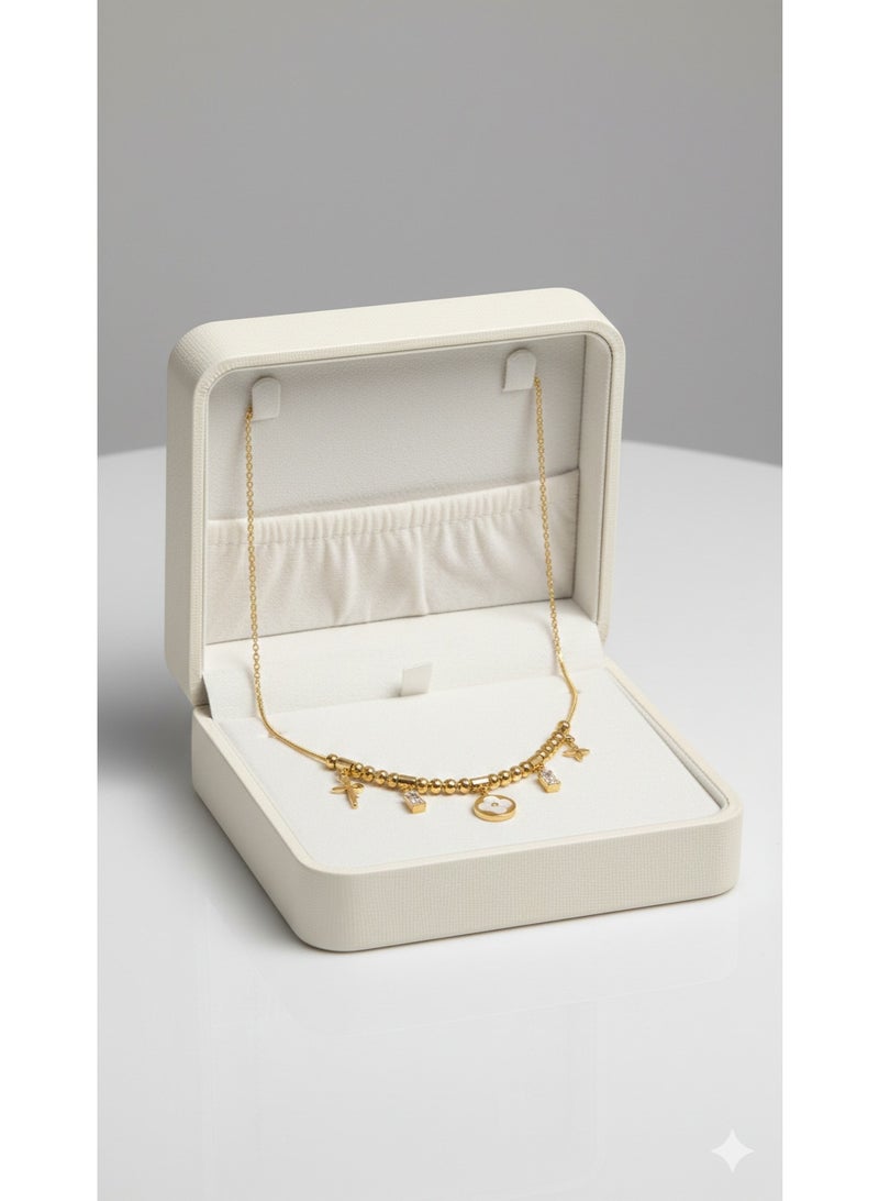 ورد سلسلة ذهبية أنيقة بدلايات متعددة وفصوص زيركون - ستانلس ستيل عالي الجودة - مناسبة للهدايا. - Image 3